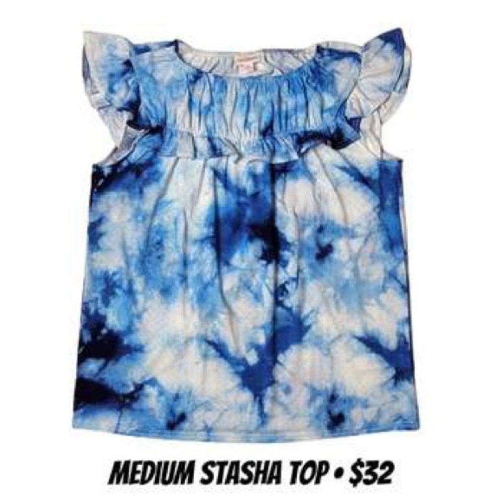 NEW LuLaRoe Stasha Ruffle Top-Size Medium Blue and White Tie-Dye